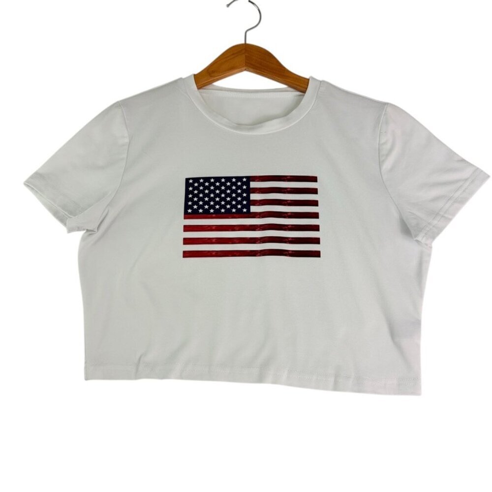 American Flag Graphic T-Shirt Women’s XL Fits L White Short Sleeve Patriotic Tee